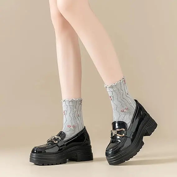 Women's Vintage Floral Princess Lettuce Ruffle Pattern Crew Length Socks Cute Casual Dress Knitted Socks for Summer