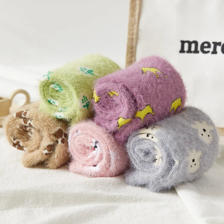 Apsilkshop Pattern Women Thermal Socks Animal Fluffy Coral Velvet Cozy Socks Warm Crew Socks for Sleeping