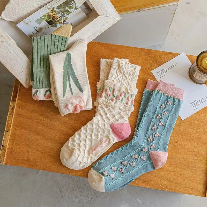 Apsilkshop Beautiful Spring Tulip Flower Patterned Socks Stylish