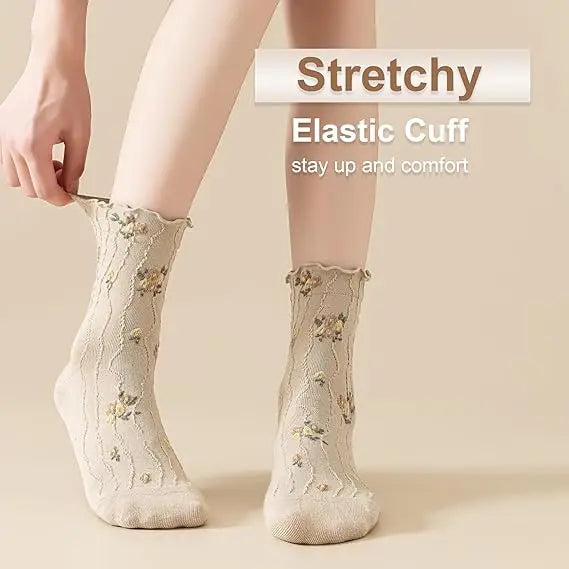 Women's Vintage Floral Princess Lettuce Ruffle Pattern Crew Length Socks Cute Casual Dress Knitted Socks for Summer