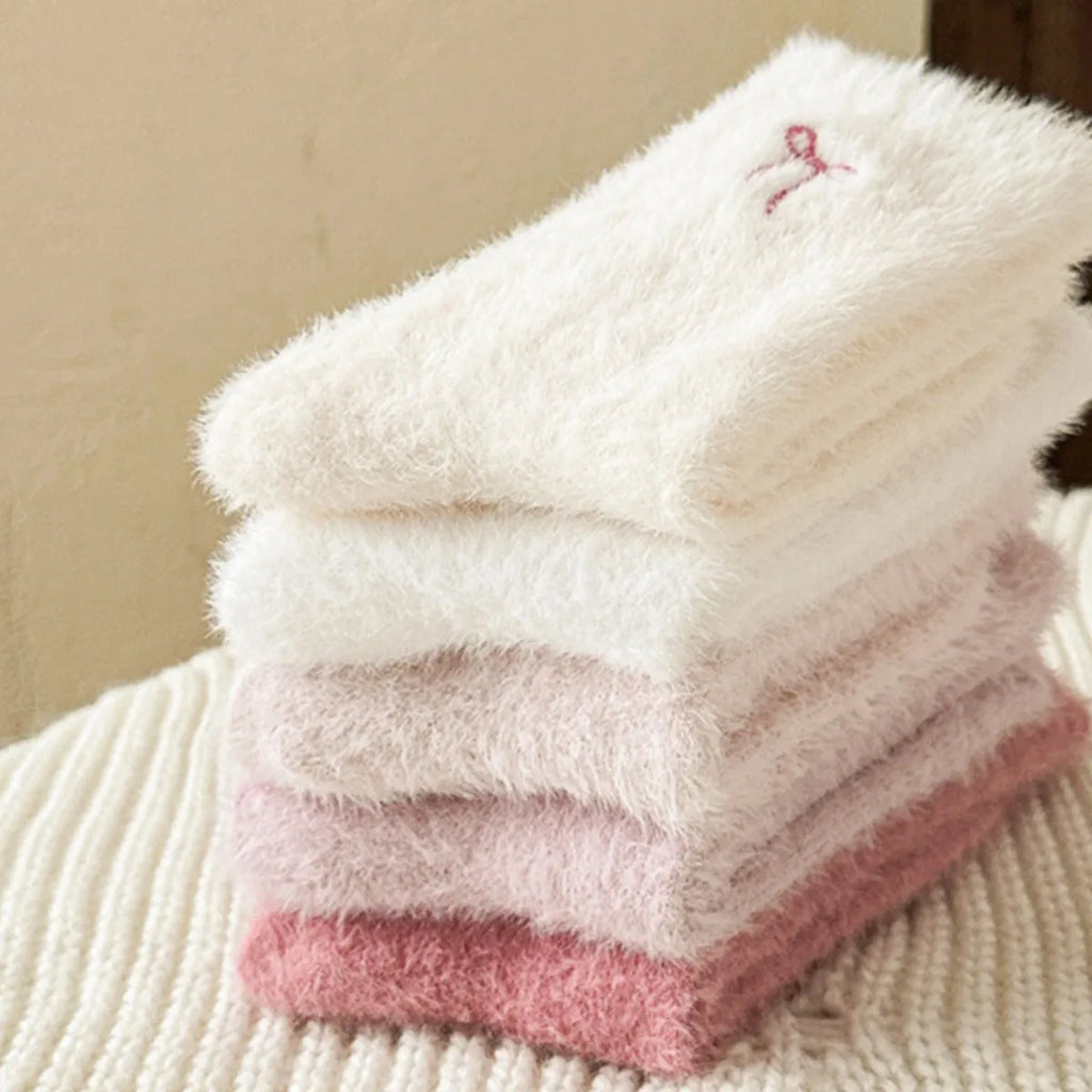 Apsilkshop Women's Crew Plush Socks Mink Velvet Thickened Bow Sleep-Friendly Warm