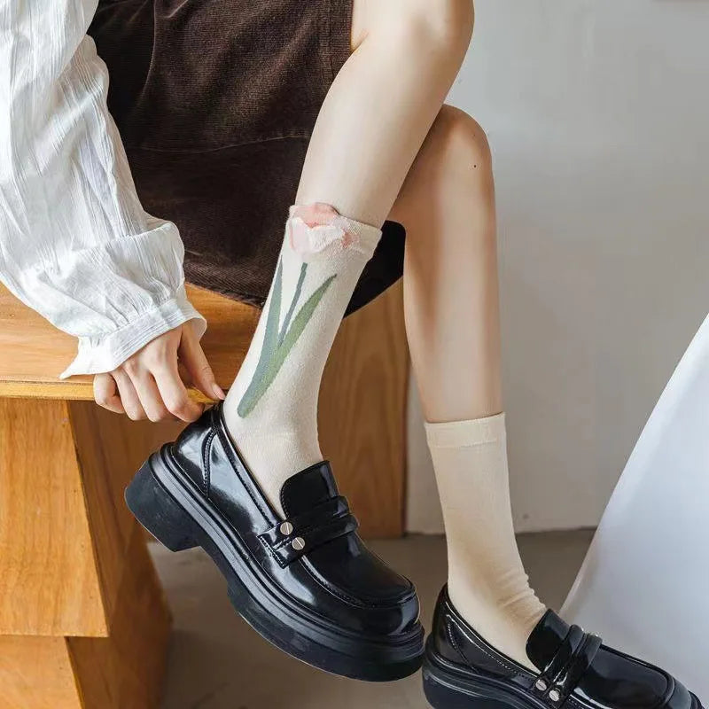 Apsilkshop Beautiful Spring Tulip Flower Patterned Socks Stylish