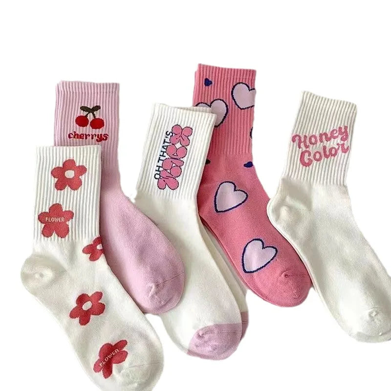 Apsilkshop Pink Cute Flower Heart Letter Casual Crew Socks Polyester Cotton Women's Trendy