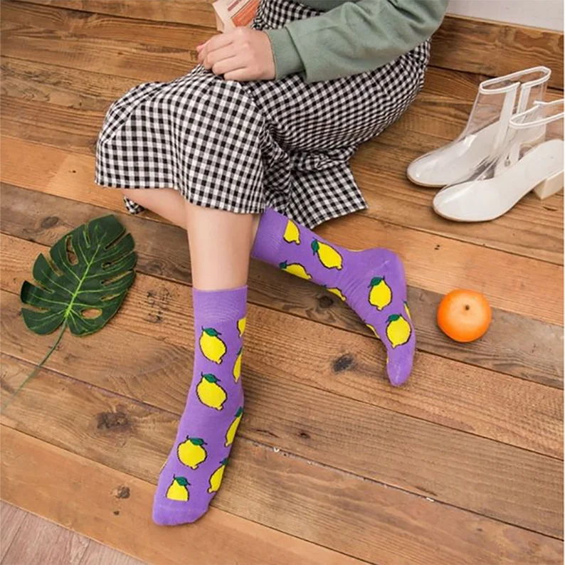 Apsilkshop Harajuku Avocado Fries Eggs Funny Color Matching Cotton Crew Tube Trendy Socks Women's Socks