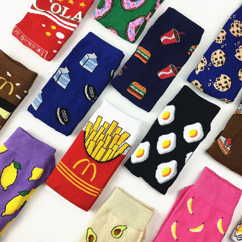 Apsilkshop Harajuku Avocado Fries Eggs Funny Color Matching Cotton Crew Tube Trendy Socks Women's Socks