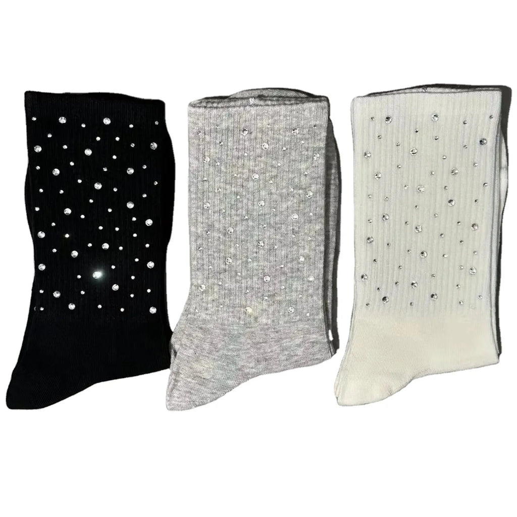 Apsilkshop Shiny Diamond Gem Socks Women Crew Cotton Socks