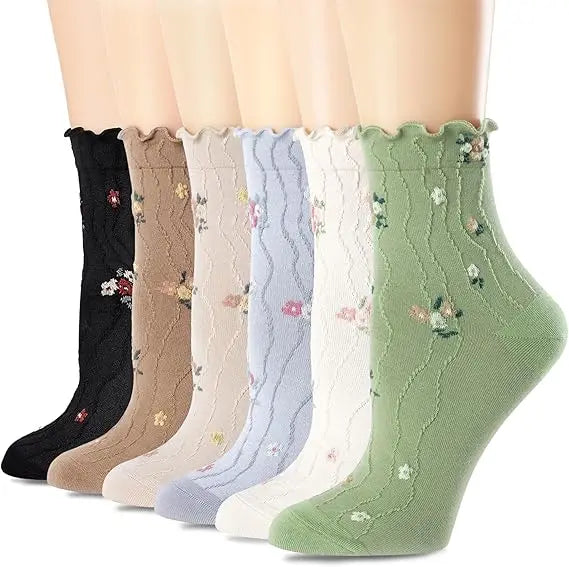 Women's Vintage Floral Princess Lettuce Ruffle Pattern Crew Length Socks Cute Casual Dress Knitted Socks for Summer