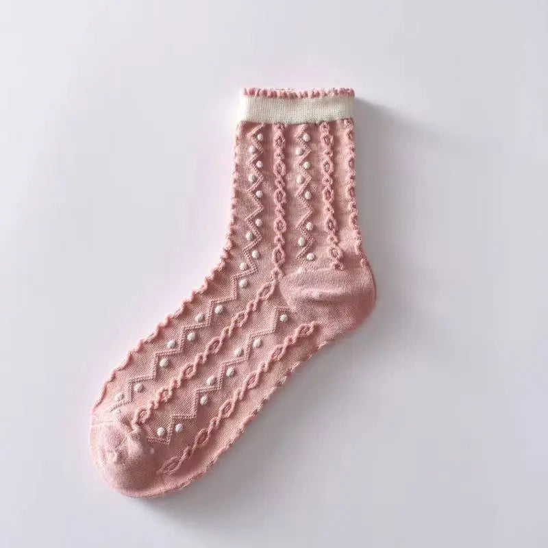 Apsilkshop Slouch Warm Cozy Crew Anti-Slip Socks Three Dimensional Relief Unisex Breathable Spandex/Polyester Pink Retro Autumn