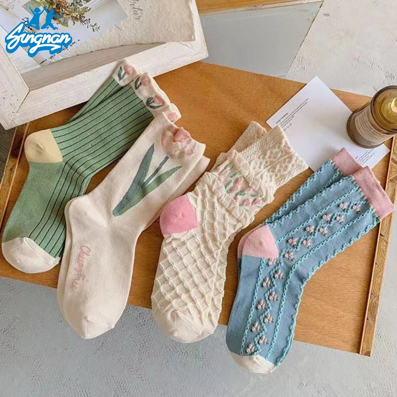Apsilkshop Beautiful Spring Tulip Flower Patterned Socks Stylish
