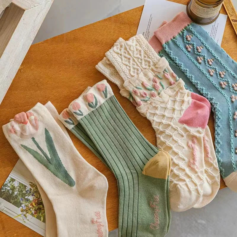 Apsilkshop Beautiful Spring Tulip Flower Patterned Socks Stylish