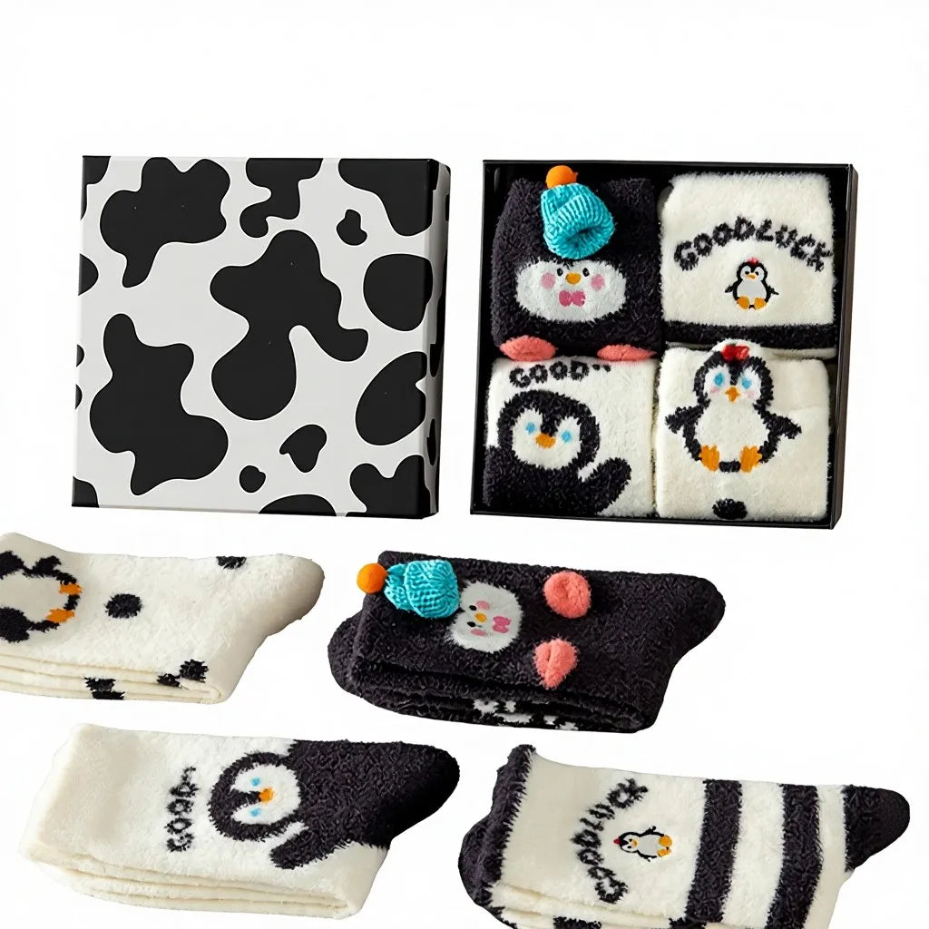 Apsilkshop Cloud Fleece Socks - Anti-Slip Soft Warm Breathable Comfortable 4 Pairs Black&White Women's Floor Socks