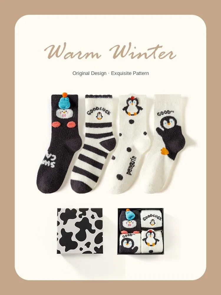 Apsilkshop Cloud Fleece Socks - Anti-Slip Soft Warm Breathable Comfortable 4 Pairs Black&White Women's Floor Socks