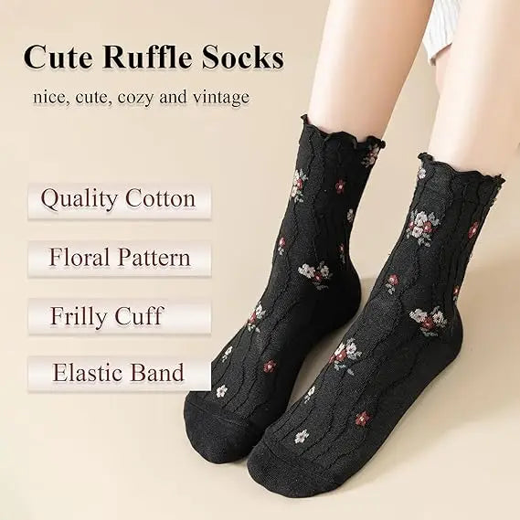Women's Vintage Floral Princess Lettuce Ruffle Pattern Crew Length Socks Cute Casual Dress Knitted Socks for Summer
