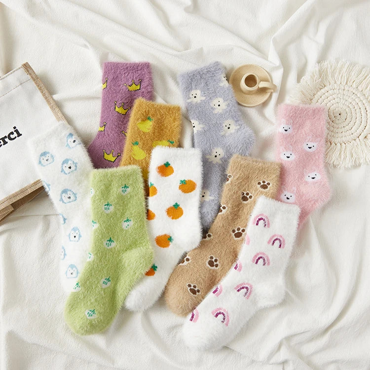 Apsilkshop Pattern Women Thermal Socks Animal Fluffy Coral Velvet Cozy Socks Warm Crew Socks for Sleeping