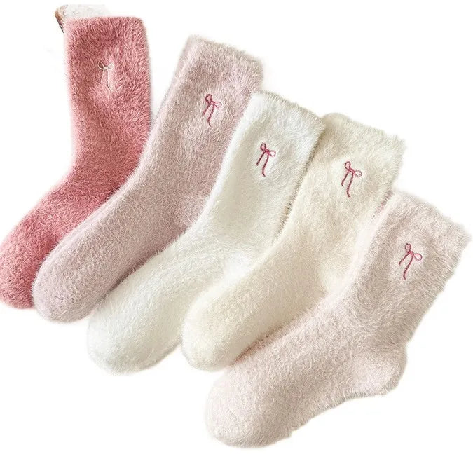 Apsilkshop Women's Crew Plush Socks Mink Velvet Thickened Bow Sleep-Friendly Warm