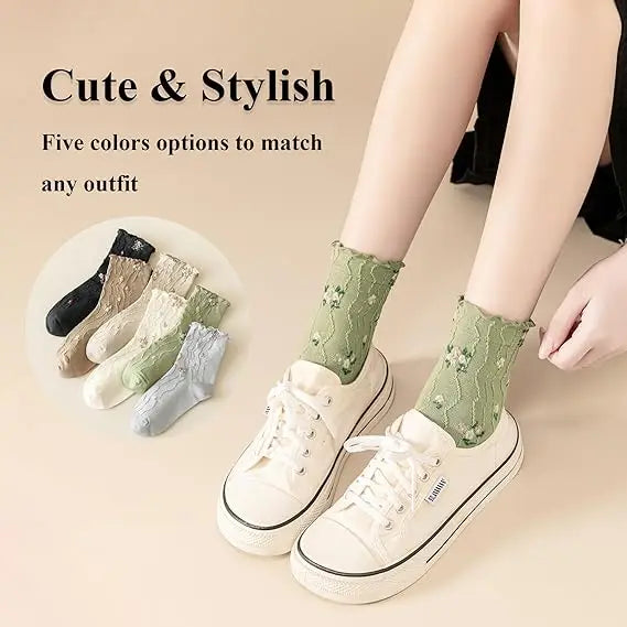Women's Vintage Floral Princess Lettuce Ruffle Pattern Crew Length Socks Cute Casual Dress Knitted Socks for Summer